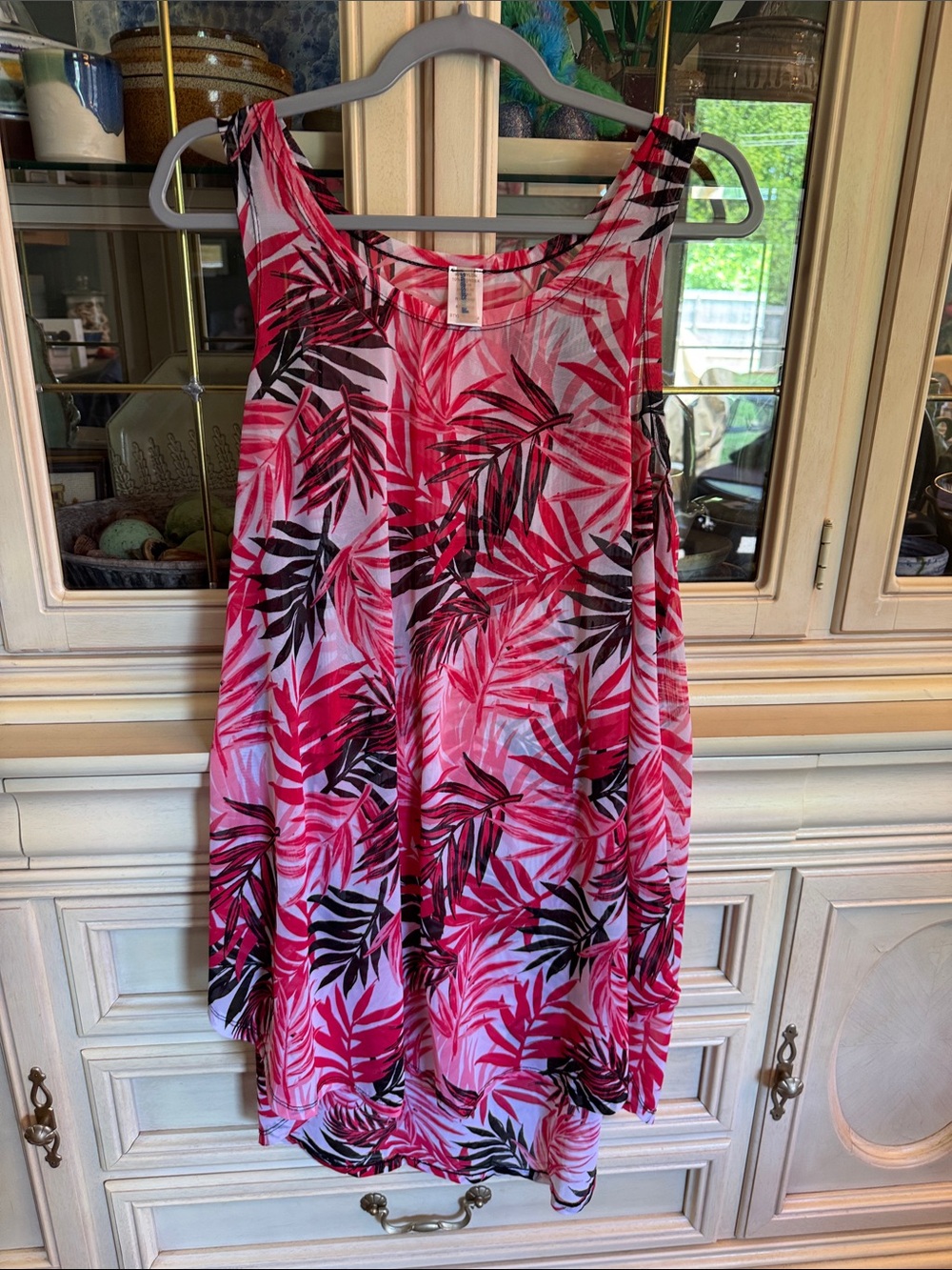 Swimsuits For All Red, Pink, & Black Tropical Print Mesh Swim Cover-Up